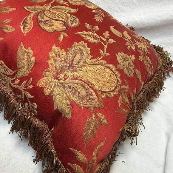Vintage Red Floral Jacquard Decorative Pillow with Gold Embroidery & Fringe - Picture 3 of 4